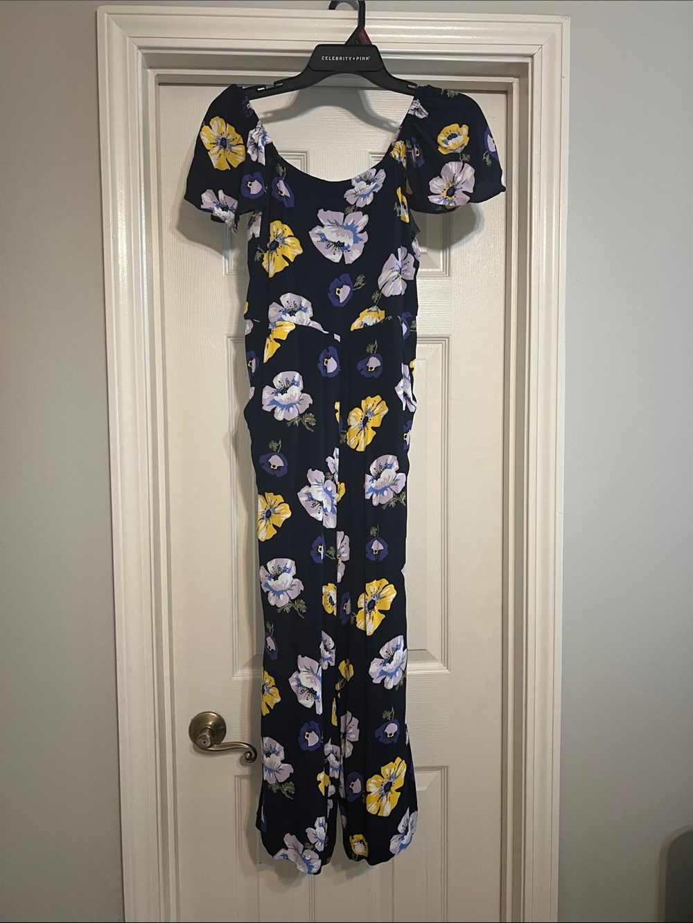 LOFT Navy Floral Wide-Leg Jumpsuit with Puff Sleeves